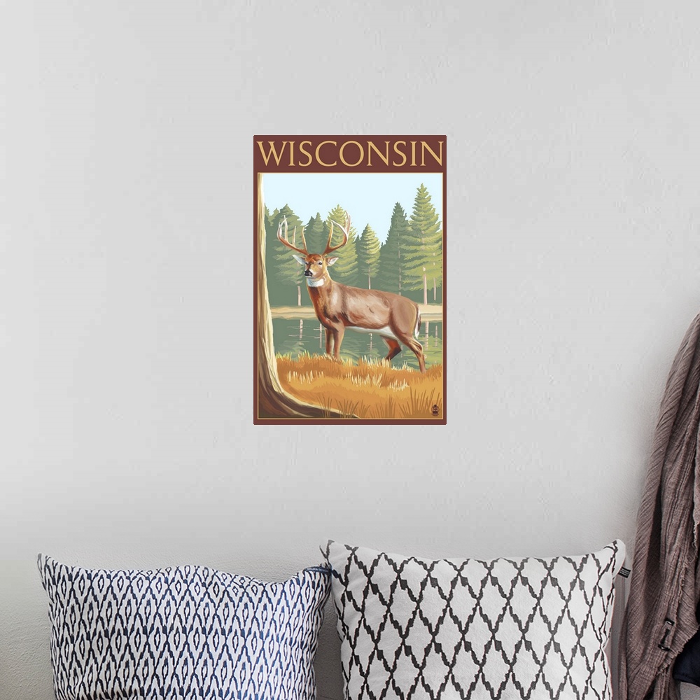 A bohemian room featuring White-tailed Deer - Wisconsin: Retro Travel Poster
