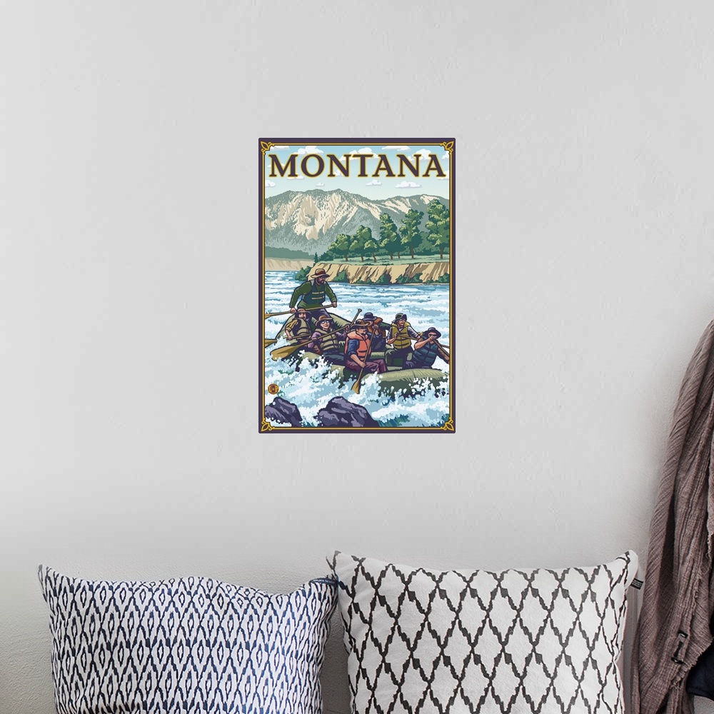 A bohemian room featuring White Water Rafting - Montana: Retro Travel Poster