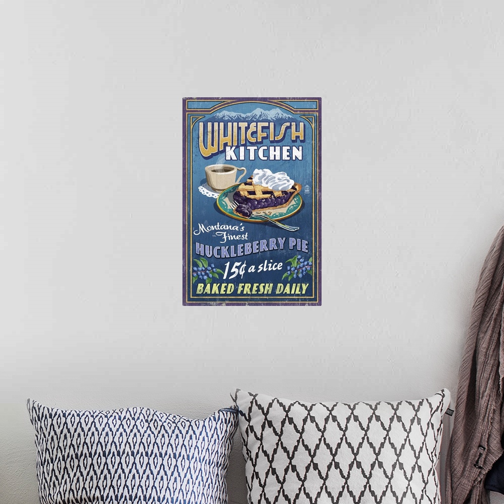 A bohemian room featuring Retro stylized art poster of a sign with a slice of huckleberry pie and a cup of coffee.