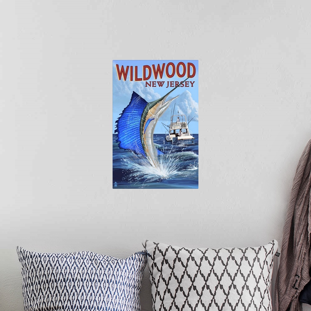 A bohemian room featuring Wildwood, New Jersey - Sailfish Fishing Scene: Retro Travel Poster