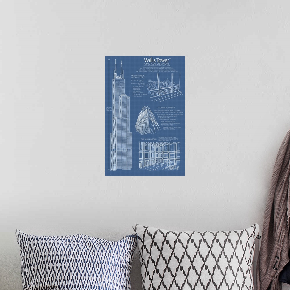A bohemian room featuring Willis Tower Blue Print - Chicago, IL: Retro Travel Poster