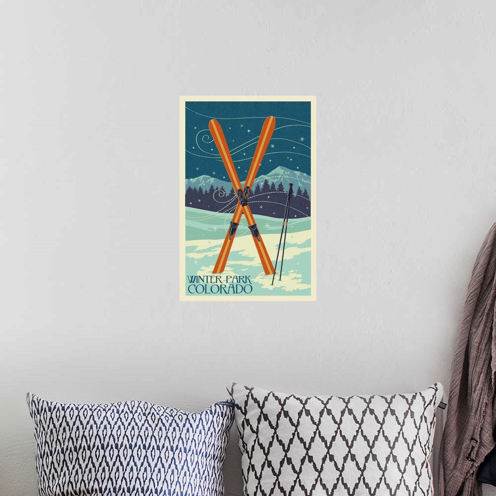 A bohemian room featuring Winter Park, Colorado - Crossed Skis - Letterpress: Retro Travel Poster
