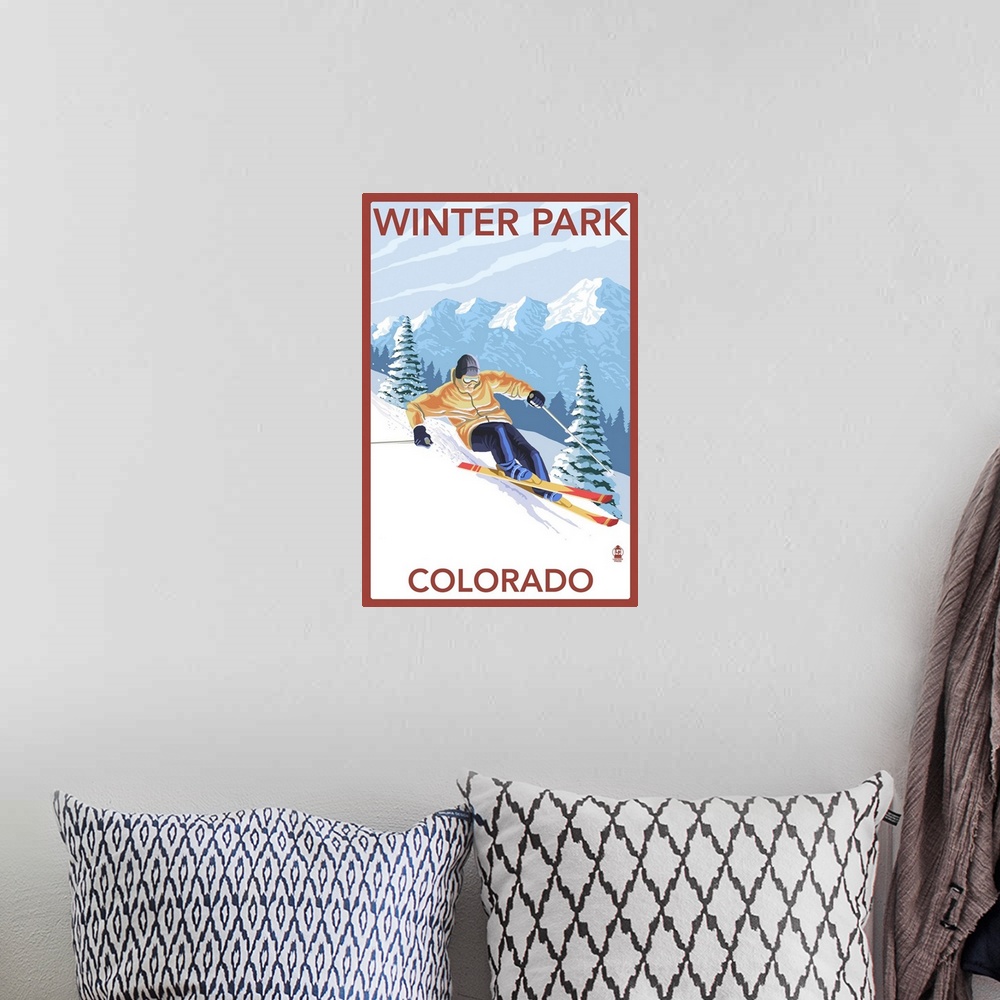 A bohemian room featuring Winter Park, Colorado - Downhill Skier: Retro Travel Poster