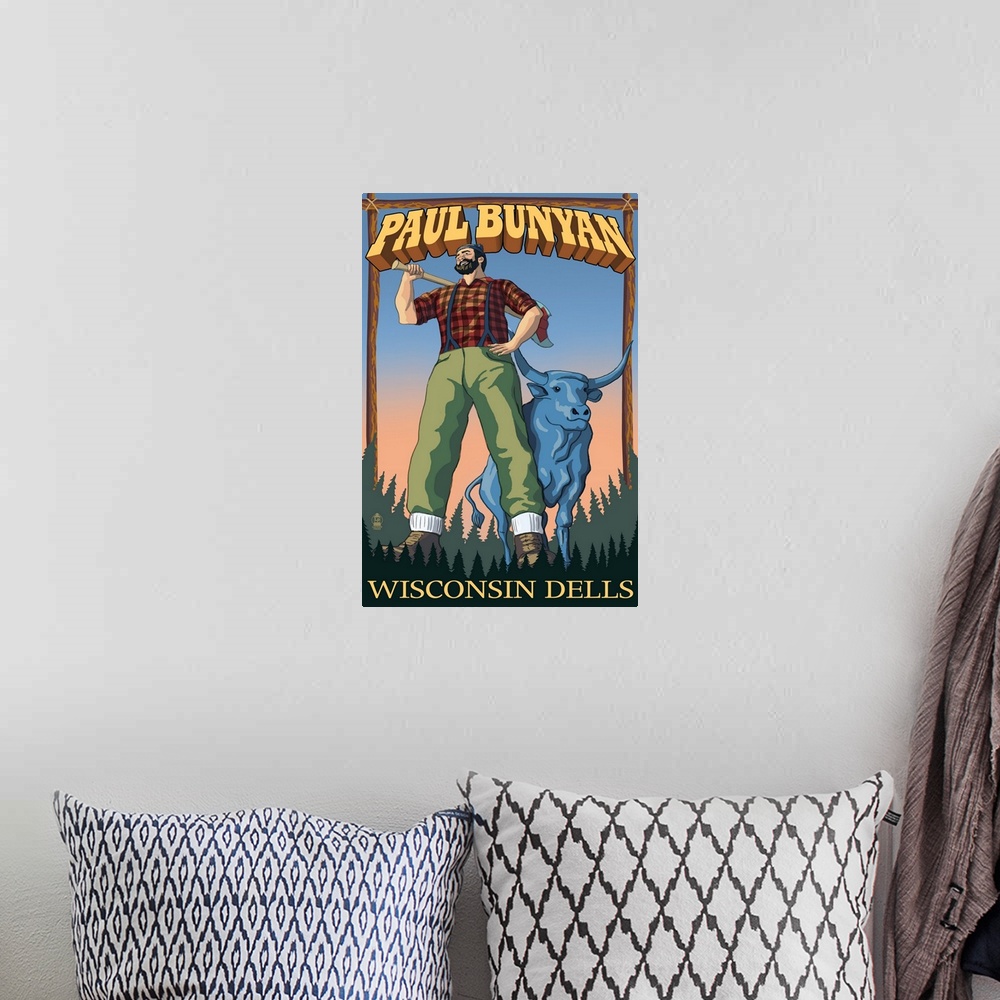 A bohemian room featuring Wisconsin Dells, WI - Paul Bunyan: Retro Travel Poster