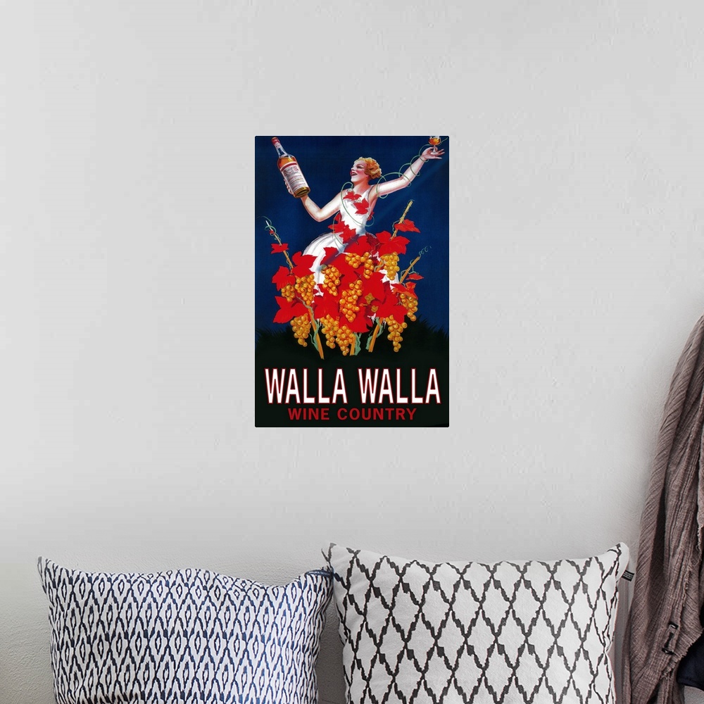 A bohemian room featuring Woman with Bottle - Walla Walla, Washington: Retro Travel Poster