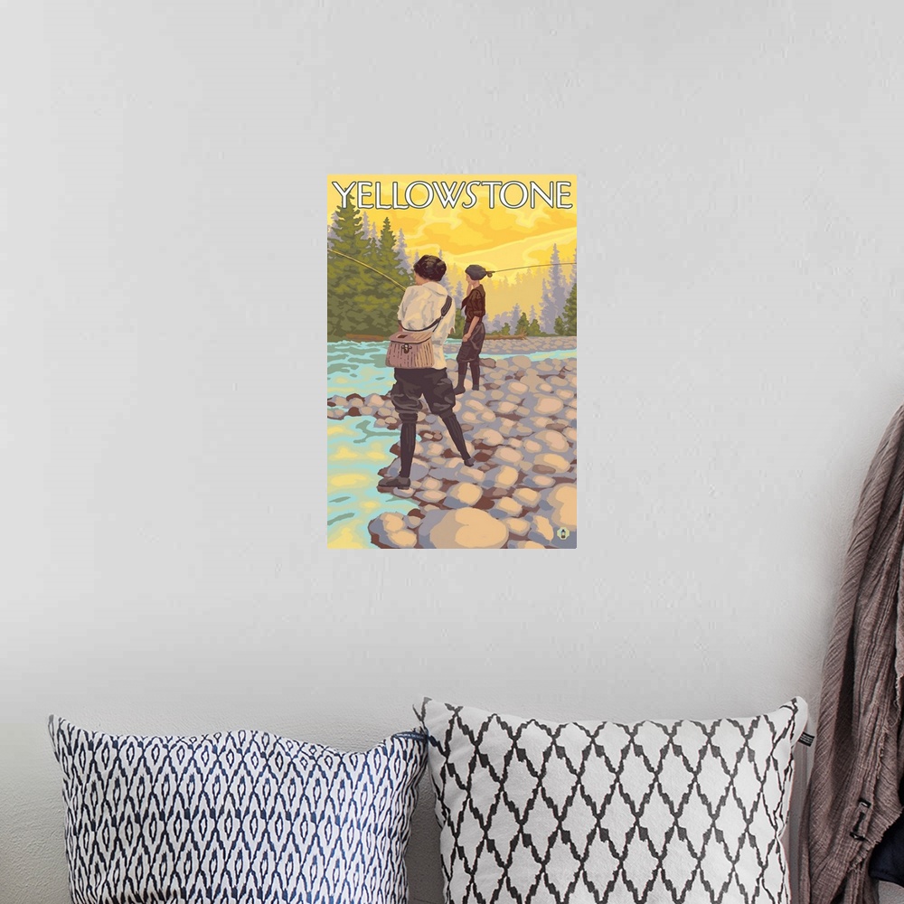 A bohemian room featuring Women Fly Fishing - Yellowstone National Park: Retro Travel Poster