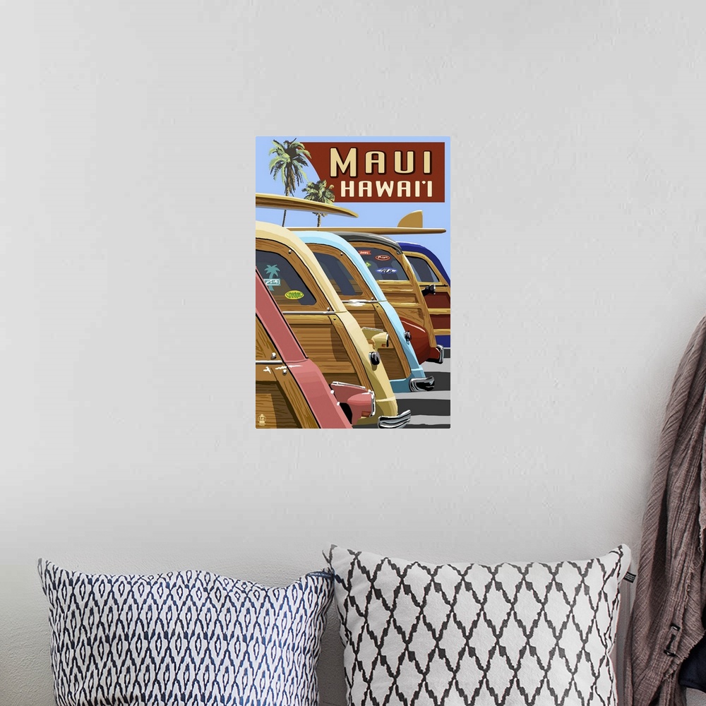 A bohemian room featuring Woodies Lined Up - Maui, Hawaii: Retro Travel Poster