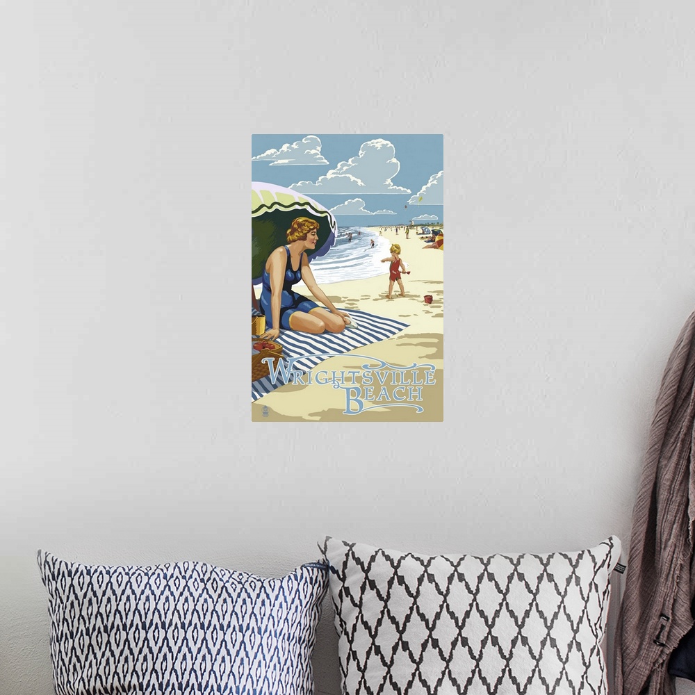 A bohemian room featuring Wrightsville Beach, NC - Beach Scene: Retro Travel Poster