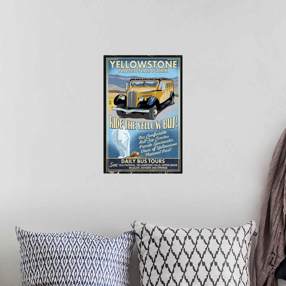 A bohemian room featuring Yellow Bus - Yellowstone National Park - Vintage Sign: Retro Travel Poster