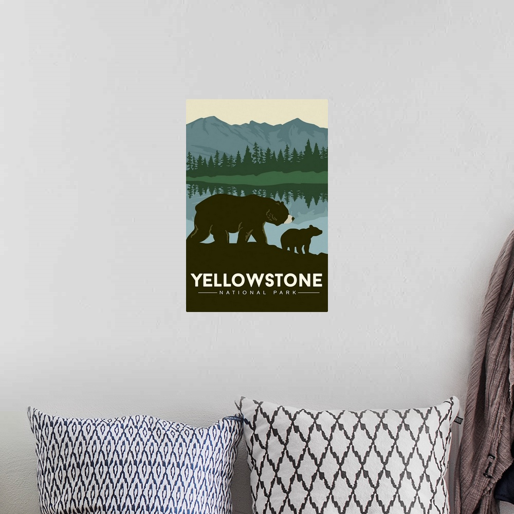 A bohemian room featuring Yellowstone National Park, Bear And Cub: Graphic Travel Poster