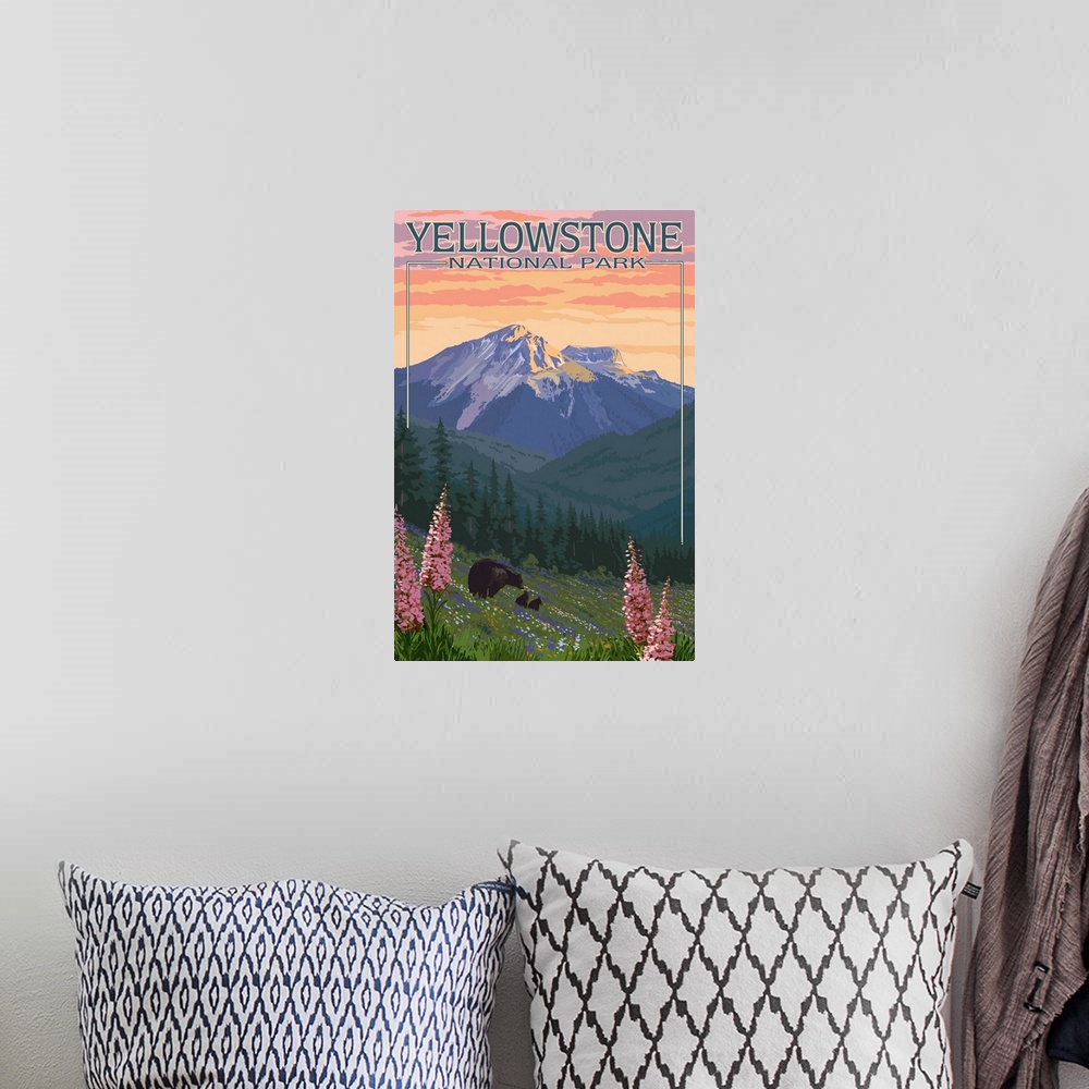 A bohemian room featuring Yellowstone National Park, Bear And Cubs In Wildflowers: Retro Travel Poster