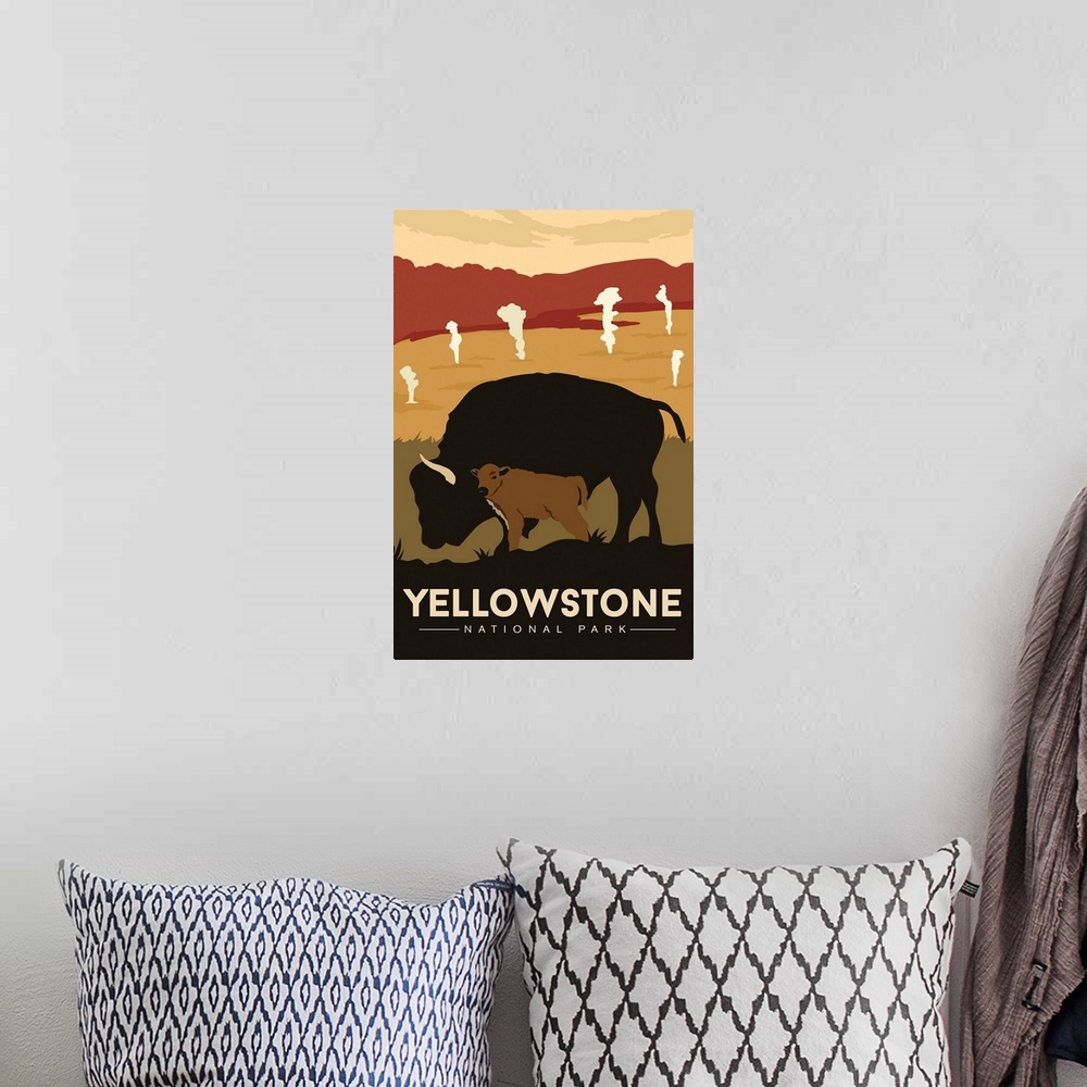 A bohemian room featuring Yellowstone National Park, Bison And Calf: Graphic Travel Poster