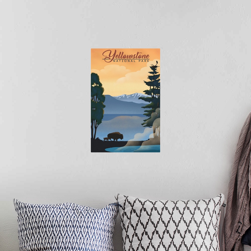 A bohemian room featuring Yellowstone National Park, Bison And Calf Silhouette: Retro Travel Poster