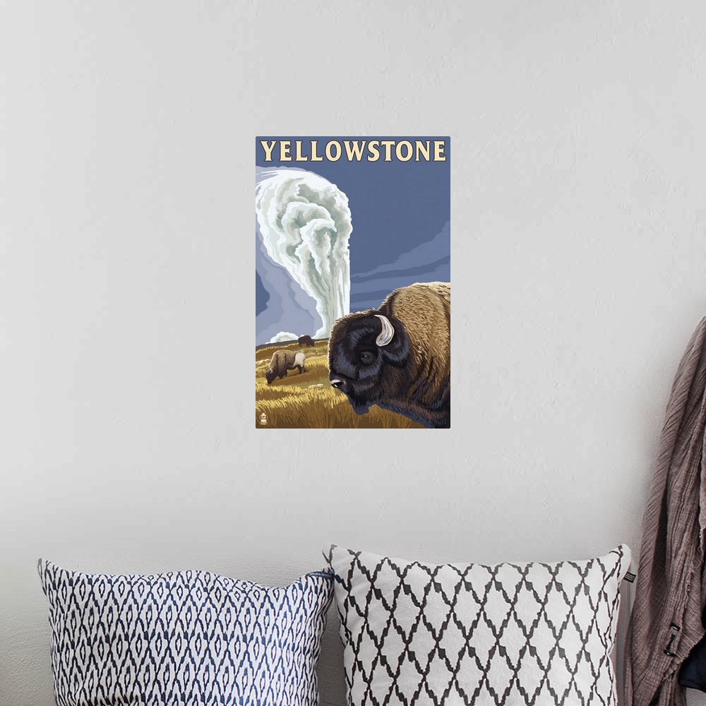 A bohemian room featuring Yellowstone National Park - Bison and Old Faithful: Retro Travel Poster
