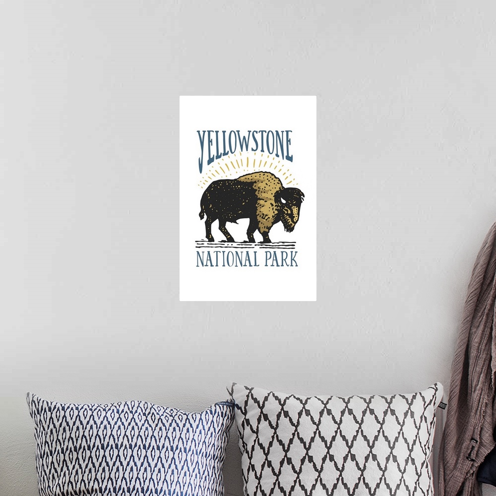 A bohemian room featuring Yellowstone National Park, Bison: Graphic Travel Poster