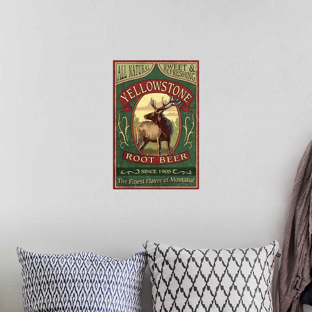 A bohemian room featuring Yellowstone National Park - Elk Root Beer Vintage Sign: Retro Travel Poster