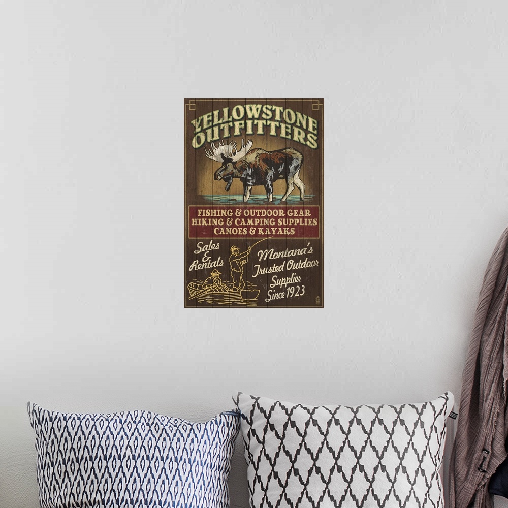 A bohemian room featuring Yellowstone National Park, Montana - Moose Outfitters Vintage Sign: Retro Travel Poster