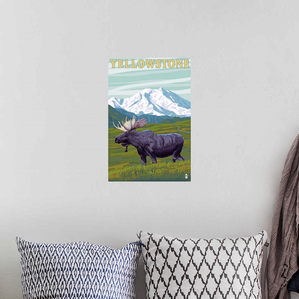 A bohemian room featuring Yellowstone National Park - Moose and Mountain: Retro Travel Poster