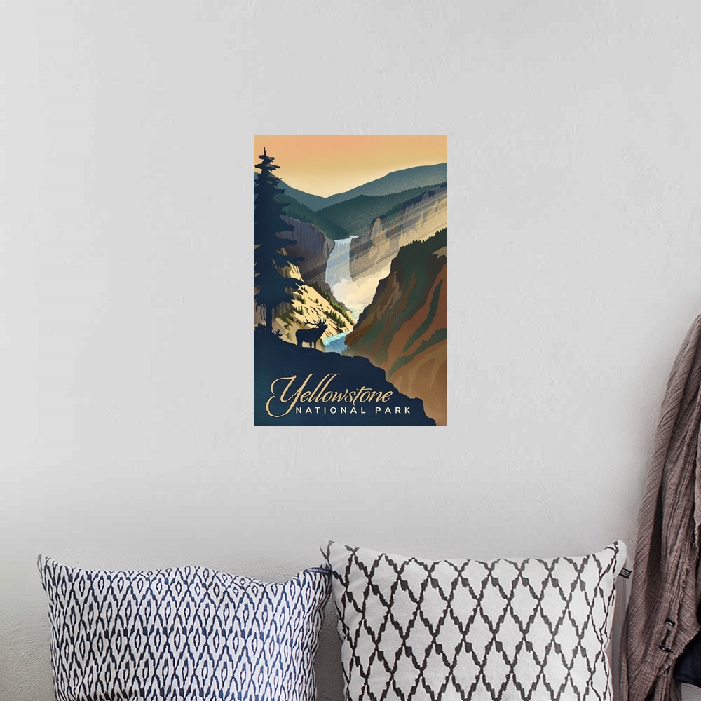 A bohemian room featuring Yellowstone National Park, Moose Call And Waterfall: Retro Travel Poster