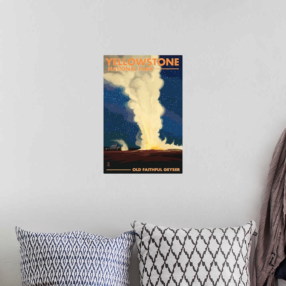 A bohemian room featuring Yellowstone National Park - Old Faithful at Night: Retro Travel Poster