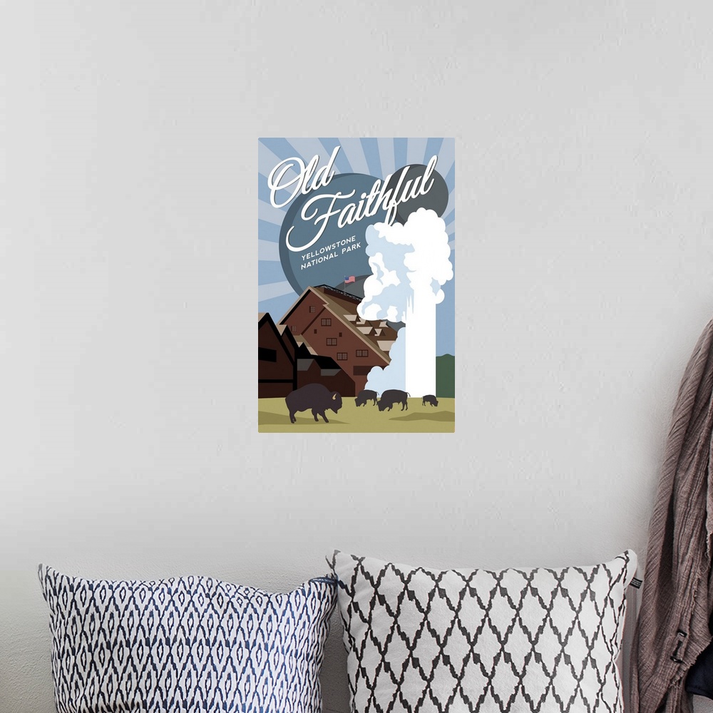A bohemian room featuring Yellowstone National Park, Old Faithful: Graphic Travel Poster