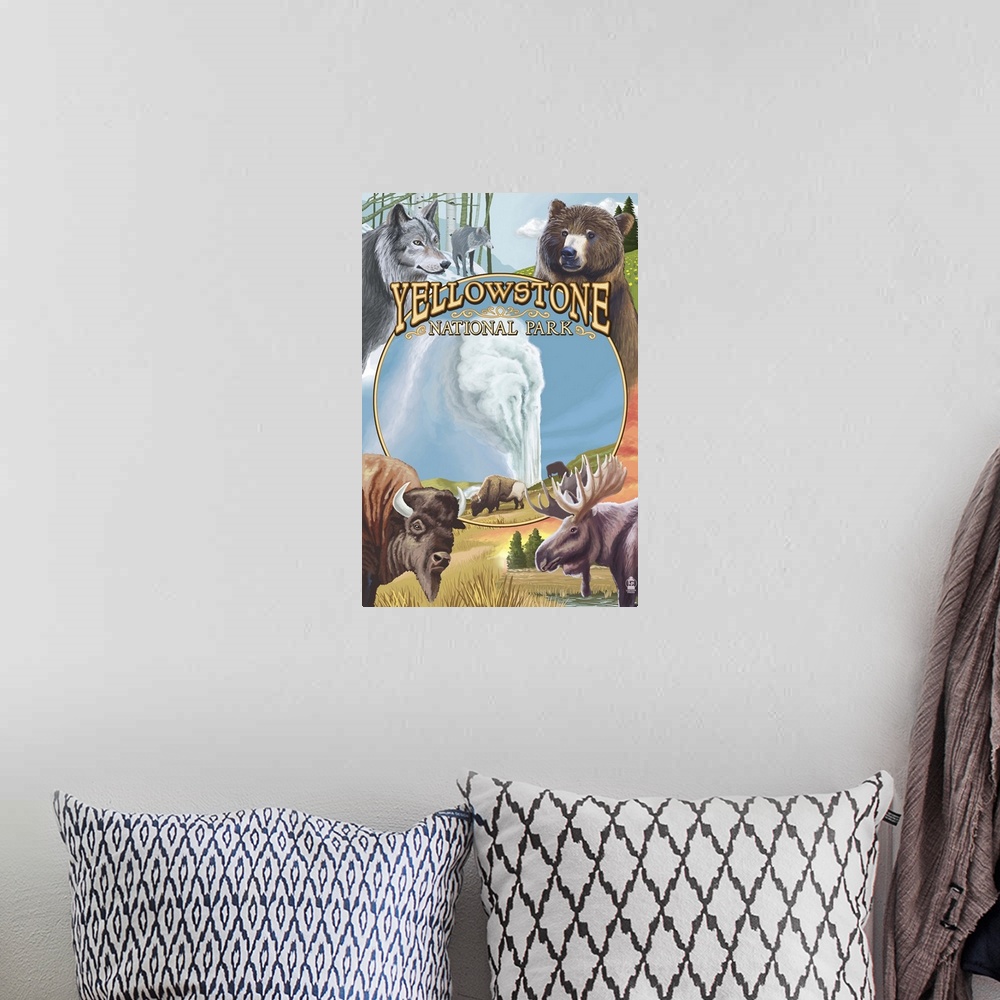 A bohemian room featuring Yellowstone National Park Wildlife Montage: Retro Travel Poster