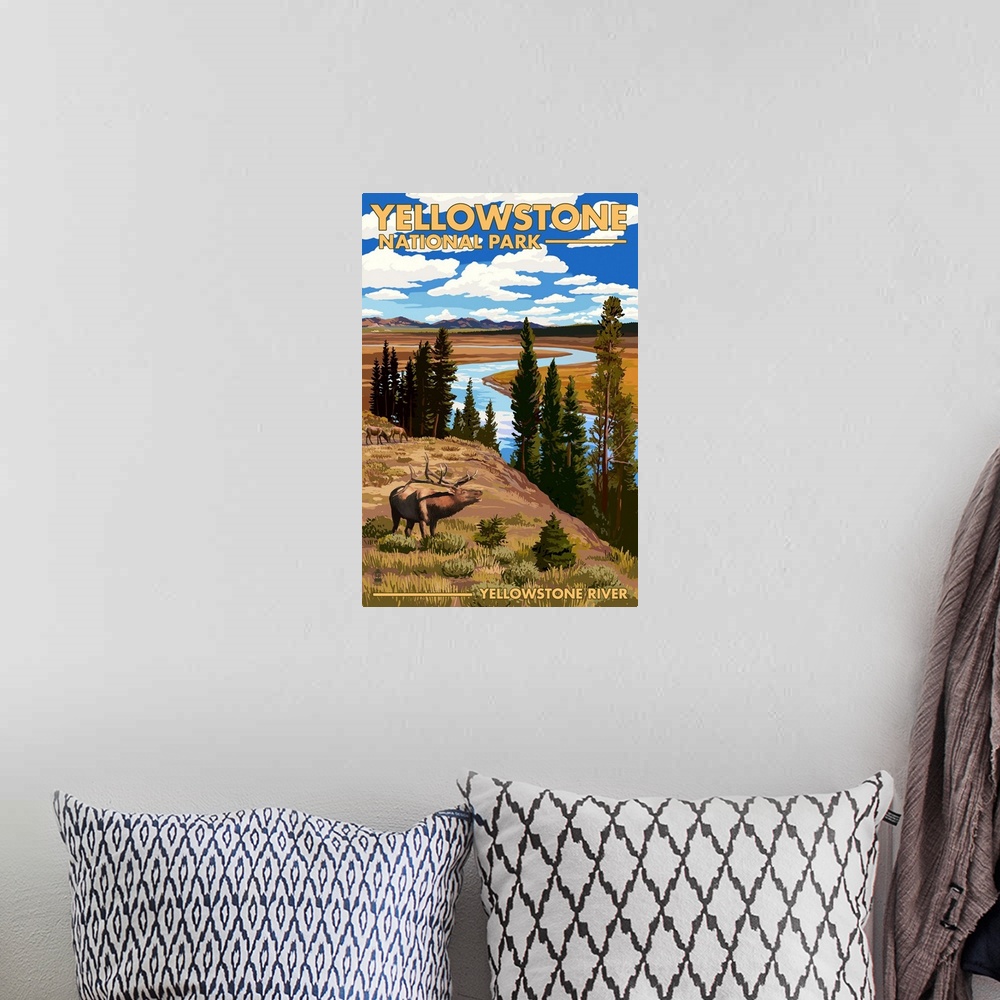 A bohemian room featuring Yellowstone National Park - Yellowstone River and Elk: Retro Travel Poster