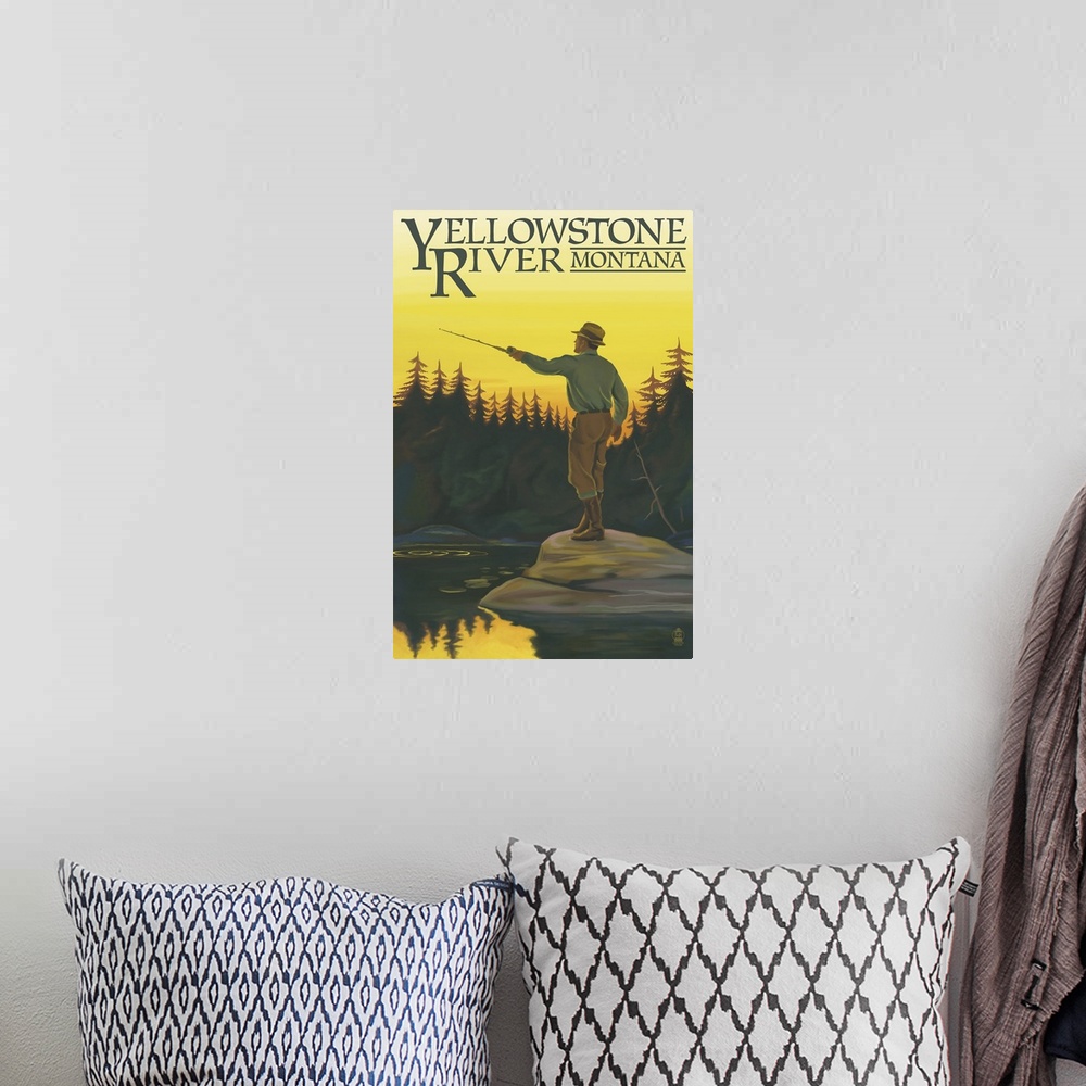 A bohemian room featuring Retro stylized art poster of fisherman casting his line.
