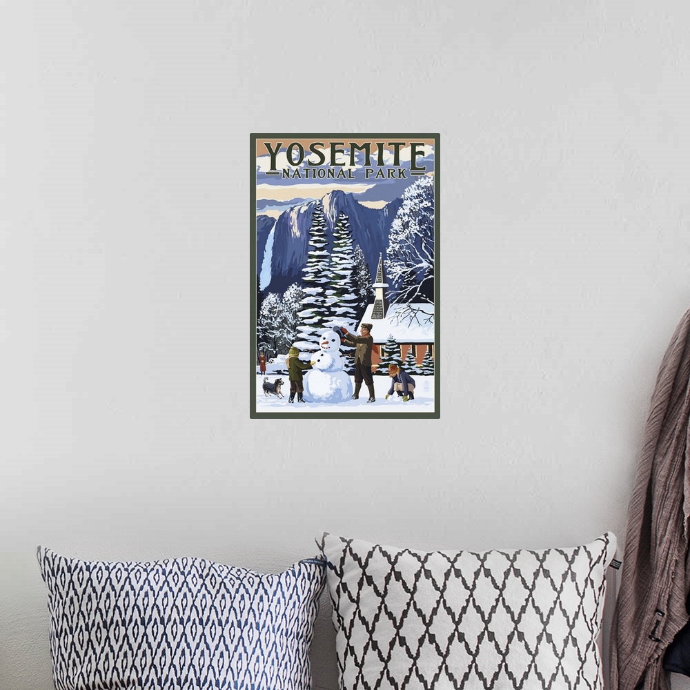 A bohemian room featuring Yosemite Chapel and Snowman - Yosemite National Park, California: Retro Travel Poster