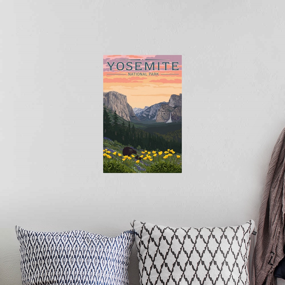 A bohemian room featuring Yosemite National Park, Bears In Wildflowers: Retro Travel Poster