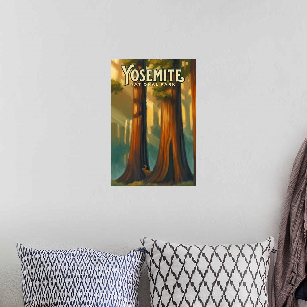 A bohemian room featuring Yosemite National Park, Forest: Retro Travel Poster