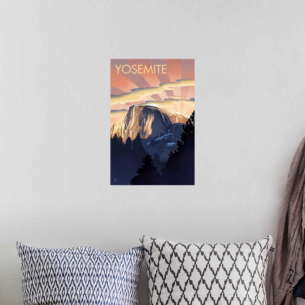 A bohemian room featuring Yosemite National Park, Sunrise Over Half Dome: Retro Travel Poster
