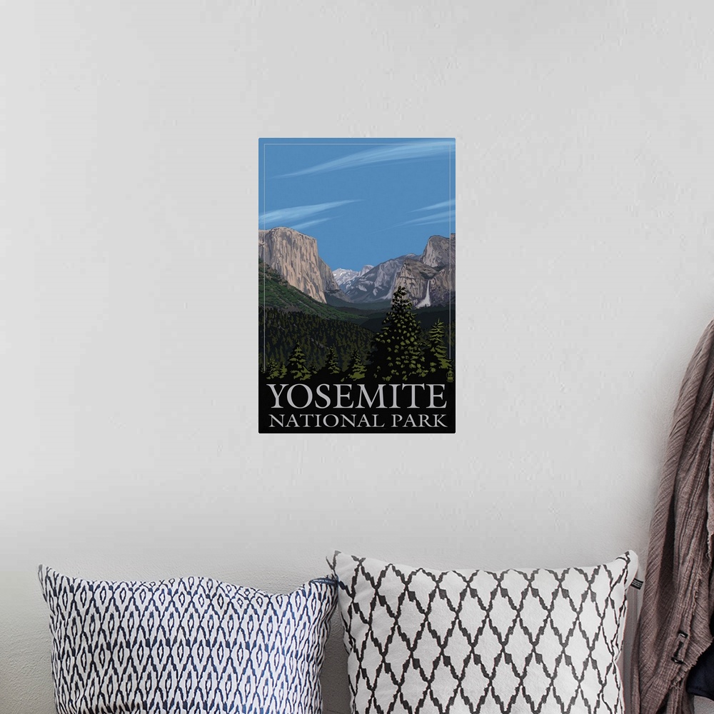 A bohemian room featuring Yosemite Valley Scene, California: Retro Travel Poster