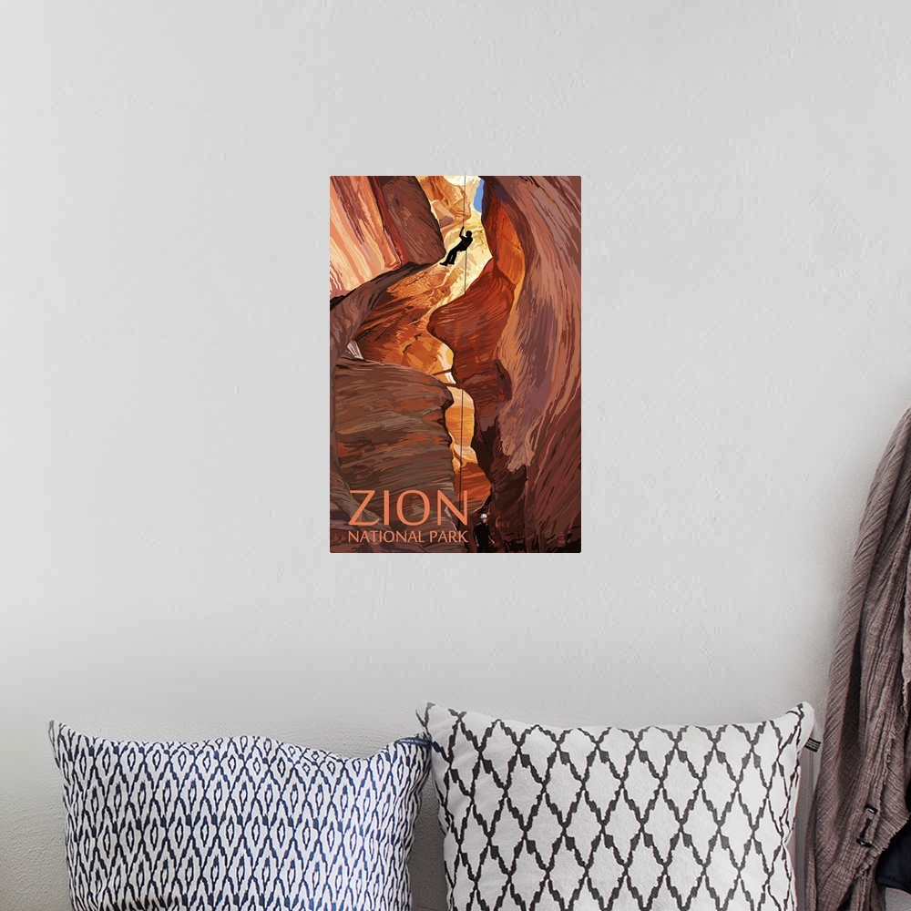 A bohemian room featuring Zion National Park - Canyoneering Scene: Retro Travel Poster
