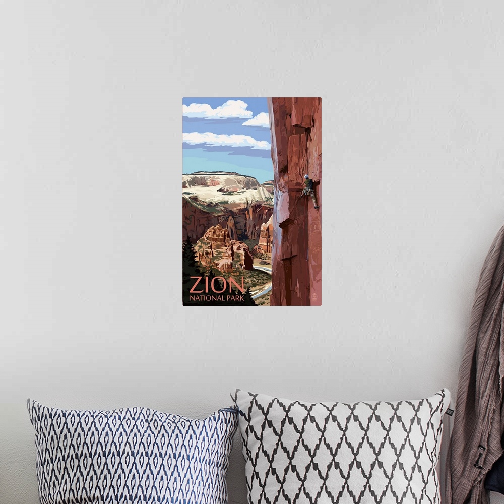 A bohemian room featuring Zion National Park - Cliff Climber: Retro Travel Poster