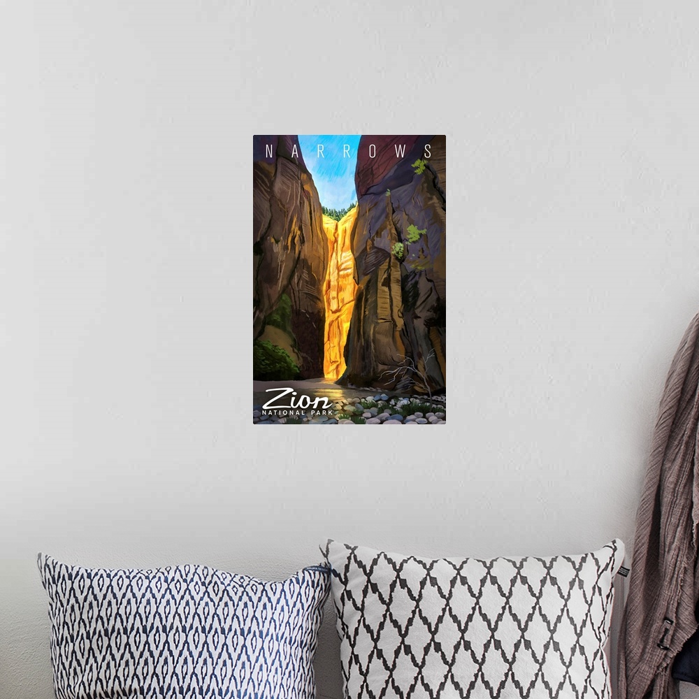 A bohemian room featuring Zion National Park, Narrows: Retro Travel Poster