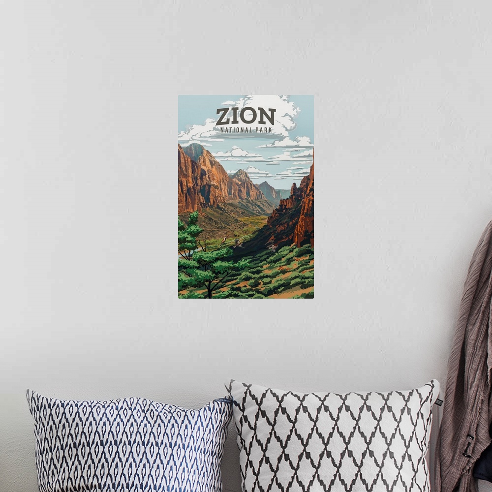 A bohemian room featuring Zion National Park, Natural Landscape: Retro Travel Poster