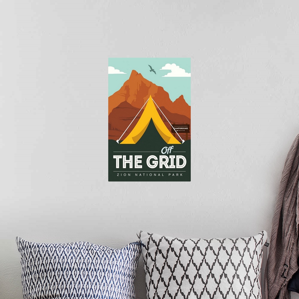 A bohemian room featuring Zion National Park, Off Grid Campground: Graphic Travel Poster