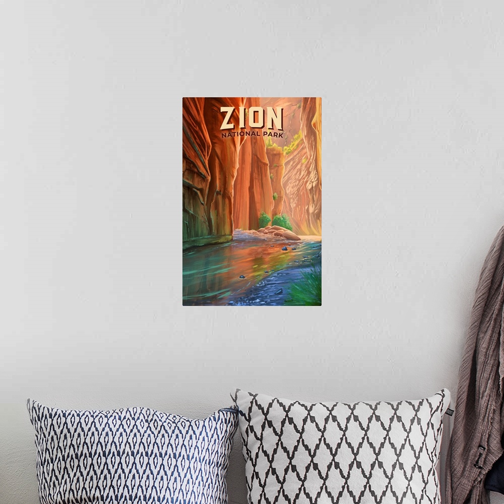 A bohemian room featuring Zion National Park, River Hike: Retro Travel Poster