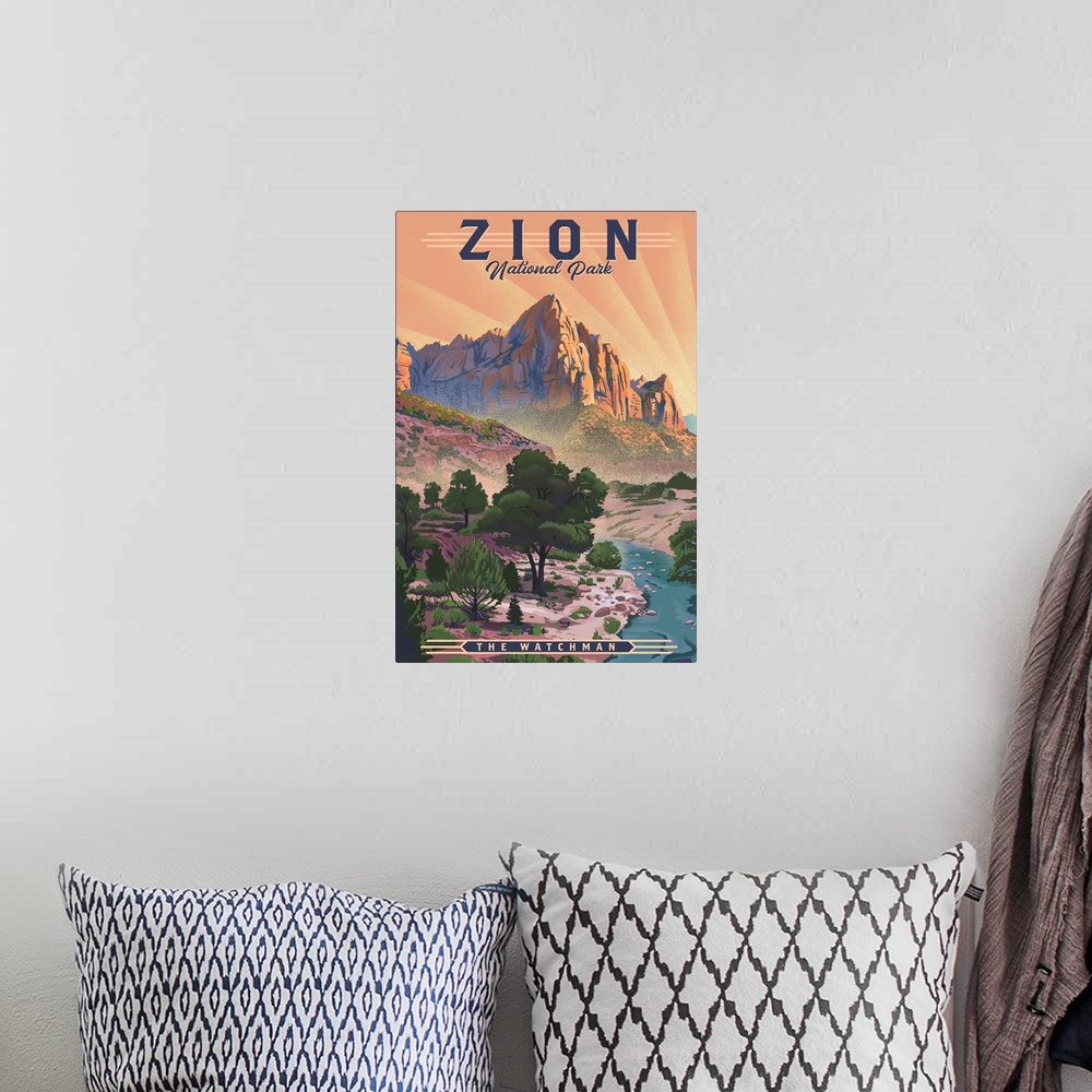 A bohemian room featuring Zion National Park, The Watchman: Retro Travel Poster