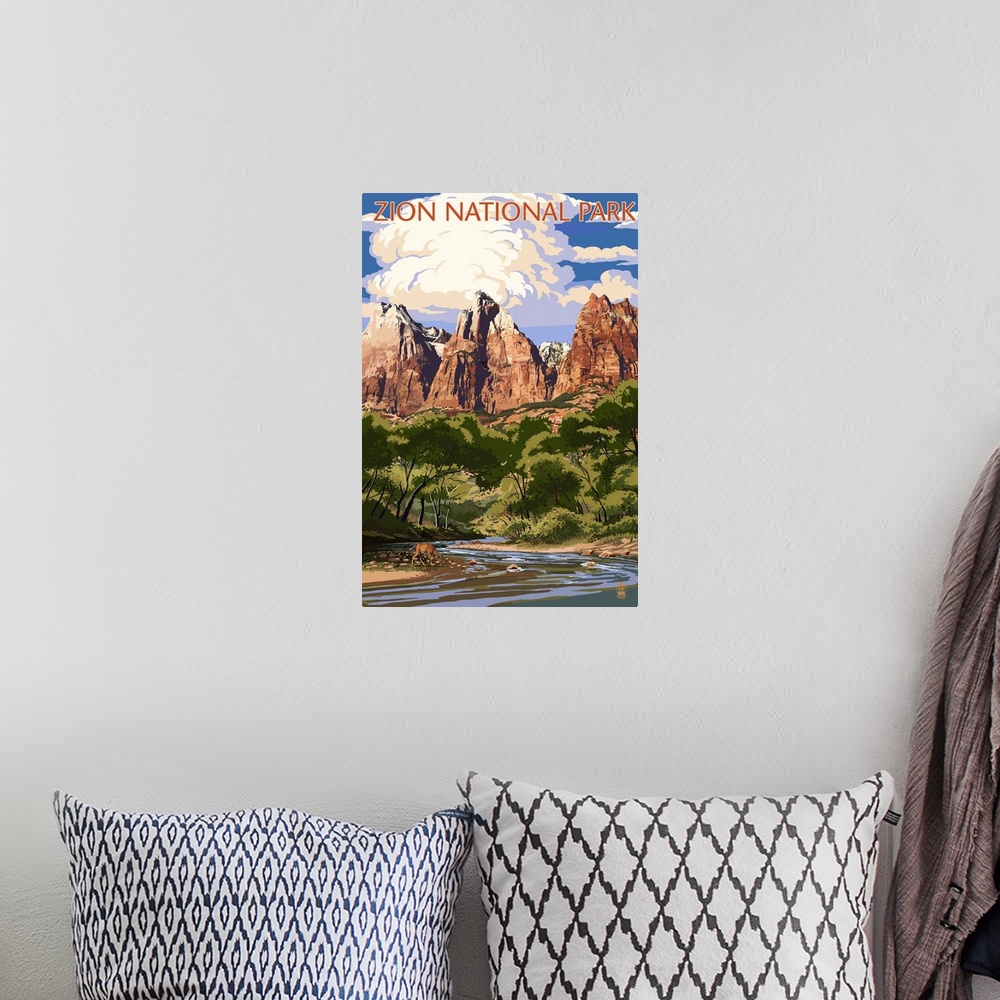 A bohemian room featuring Zion National Park - Virgin River and Peaks: Retro Travel Poster