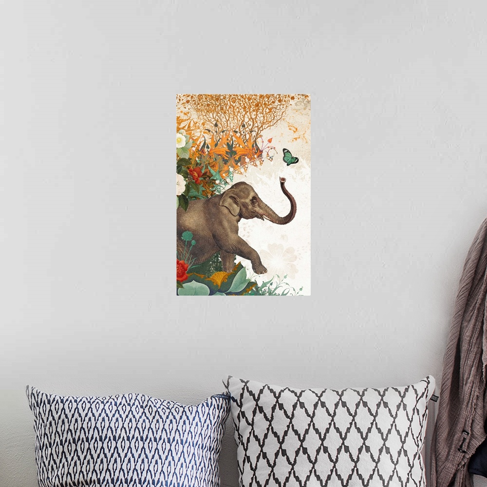 A bohemian room featuring Elephant and butterfly with ornate background