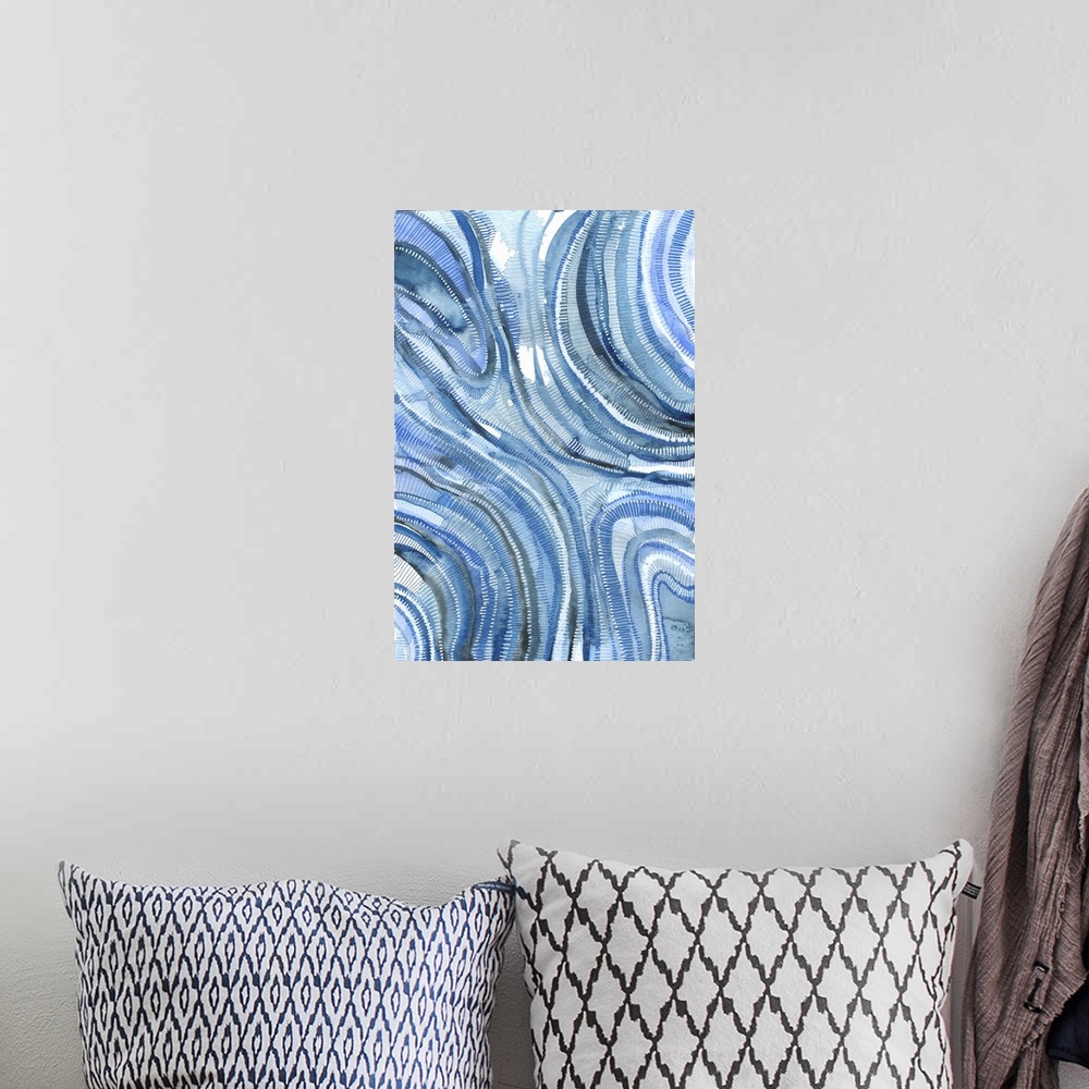 A bohemian room featuring Abstract Watercolor in shades of indigo. Agate inspired.