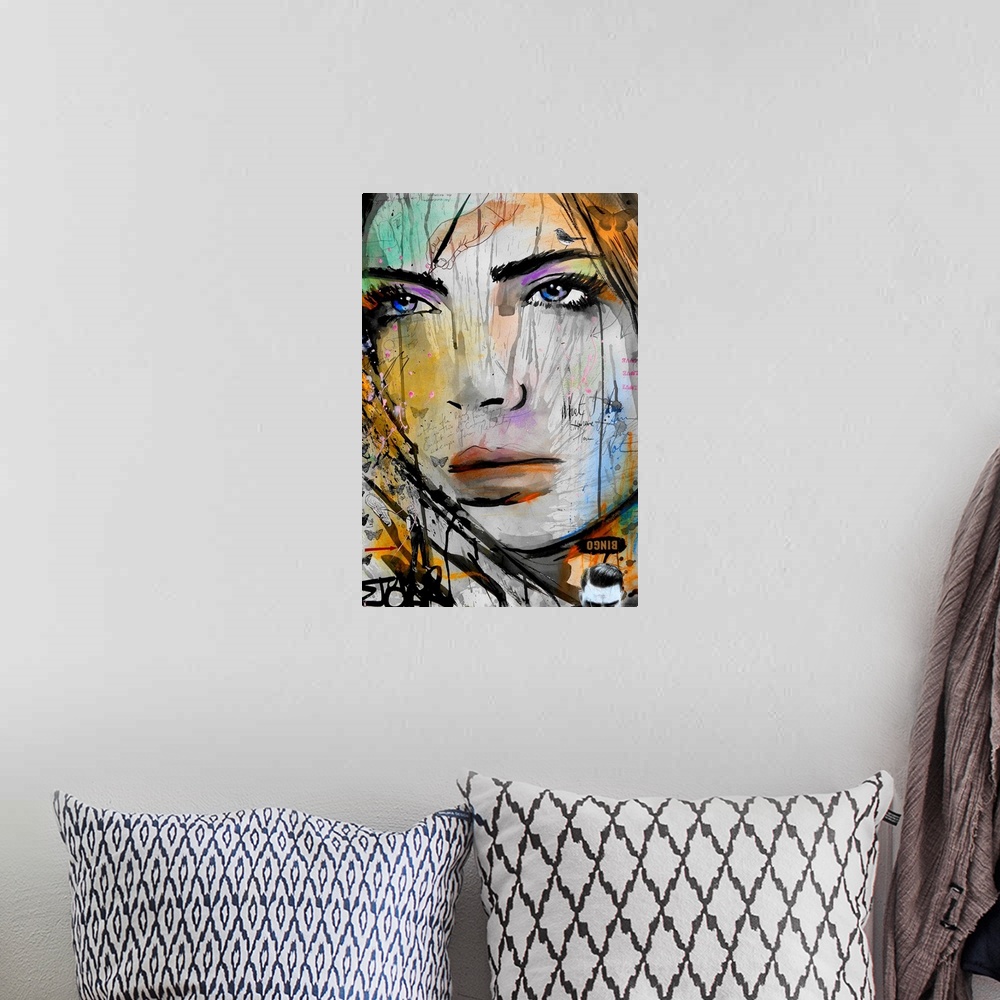A bohemian room featuring Contemporary urban artwork of a close-up of a woman's face with splashes of vibrant color around ...