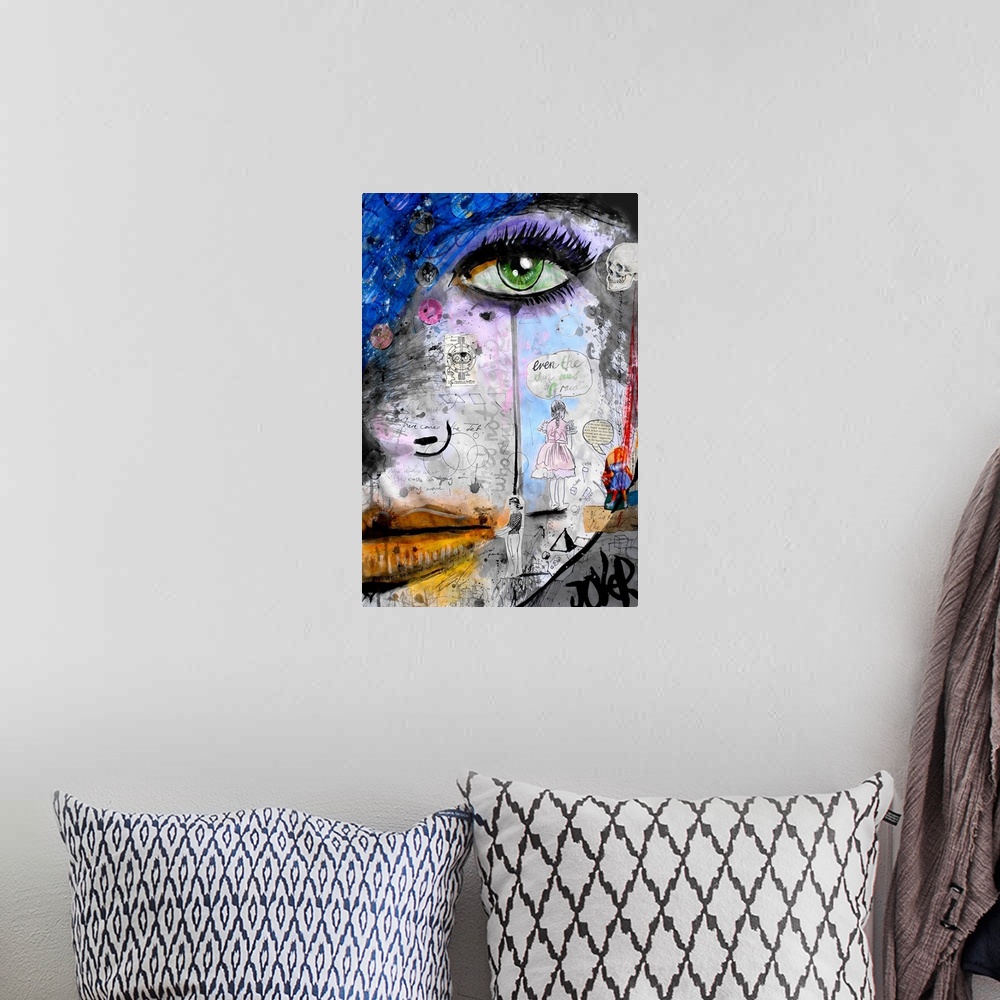 A bohemian room featuring Contemporary urban artwork of a close-up portrait of a woman's face with splashes of vibrant colo...