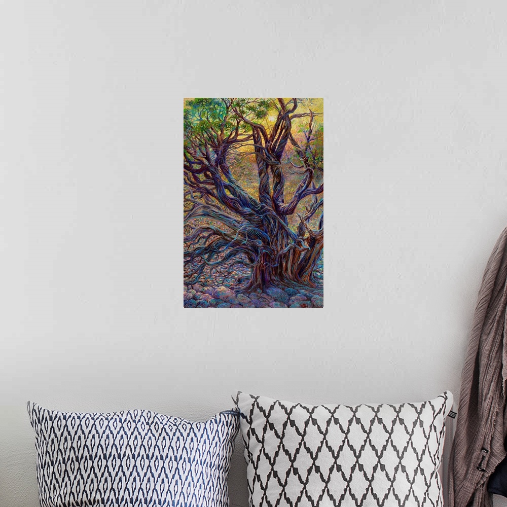 A bohemian room featuring Contemporary artwork of a juniper tree.