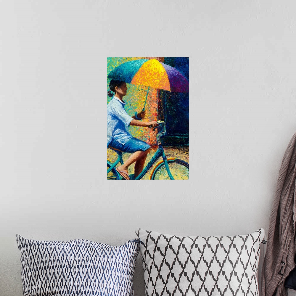 A bohemian room featuring Brightly colored contemporary artwork of a city traveled by boat.