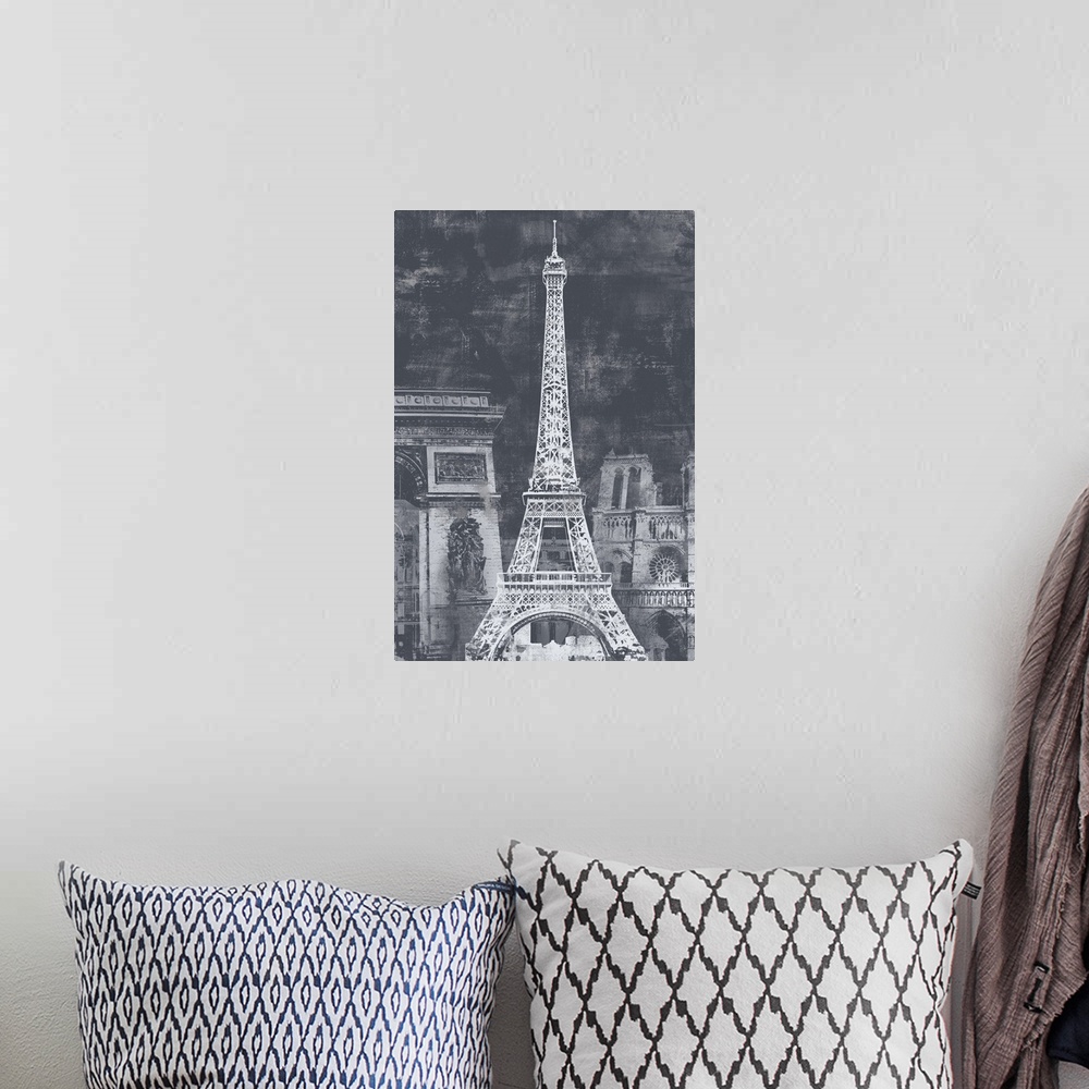 A bohemian room featuring A large decorative image of the Eiffel Tower and other Paris landmarks behind it, done in a distr...