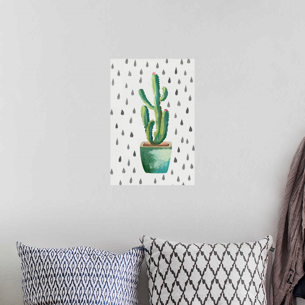 A bohemian room featuring Creative artwork of a blooming cactus in a teal flowerpot on a white background with small teardr...