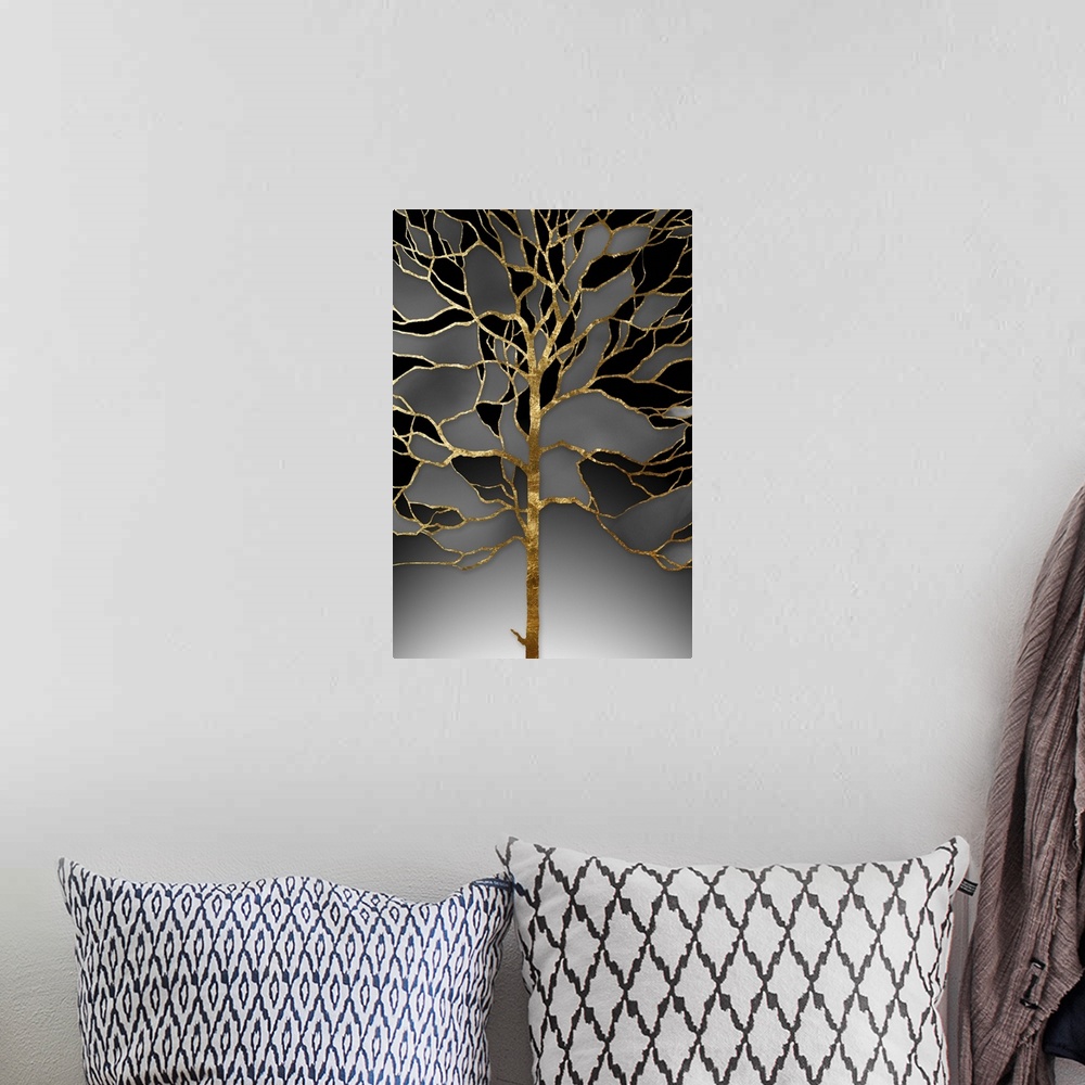 A bohemian room featuring A modern design of a tree of metallic gold with shades of gray and black between the branches.